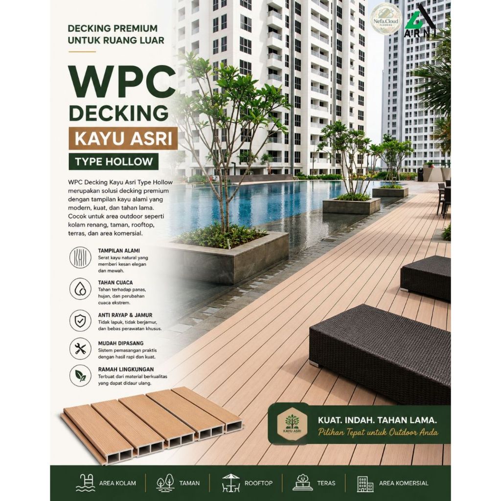 WPC Decking Outdoor Kayu Asri Hollow | Lantai Kayu Asri Premium / WPC Decking Anti Slip