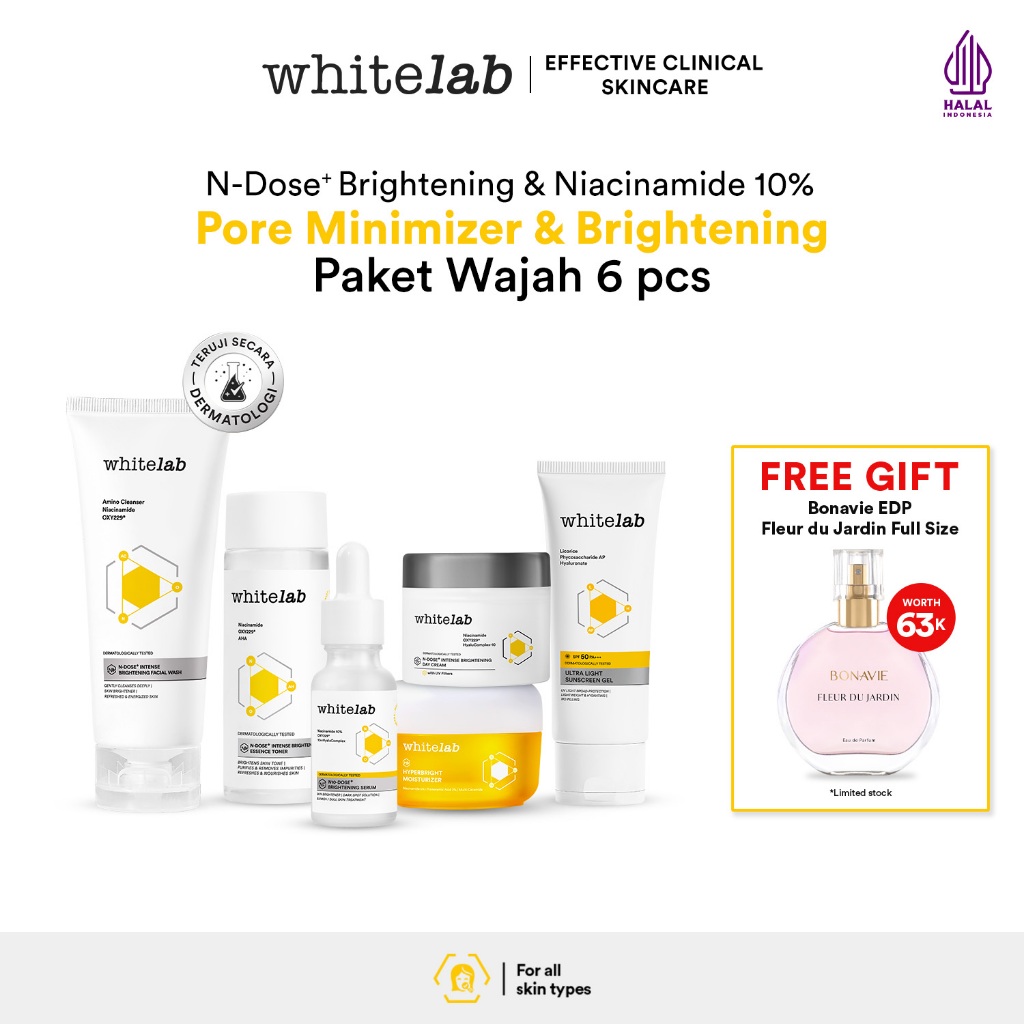 Whitelab Paket Wajah Brightening Niacinamide Facial Wash, Toner, Serum, Moisturizer, Sunscreen - 6 p