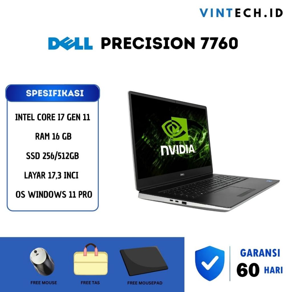 Workstation Dell Precision 7760 i7 Gen 11 NVIDIA RTX A3000 RAM 16GB SSD 512GB Layar 17.3 Laptop Gami