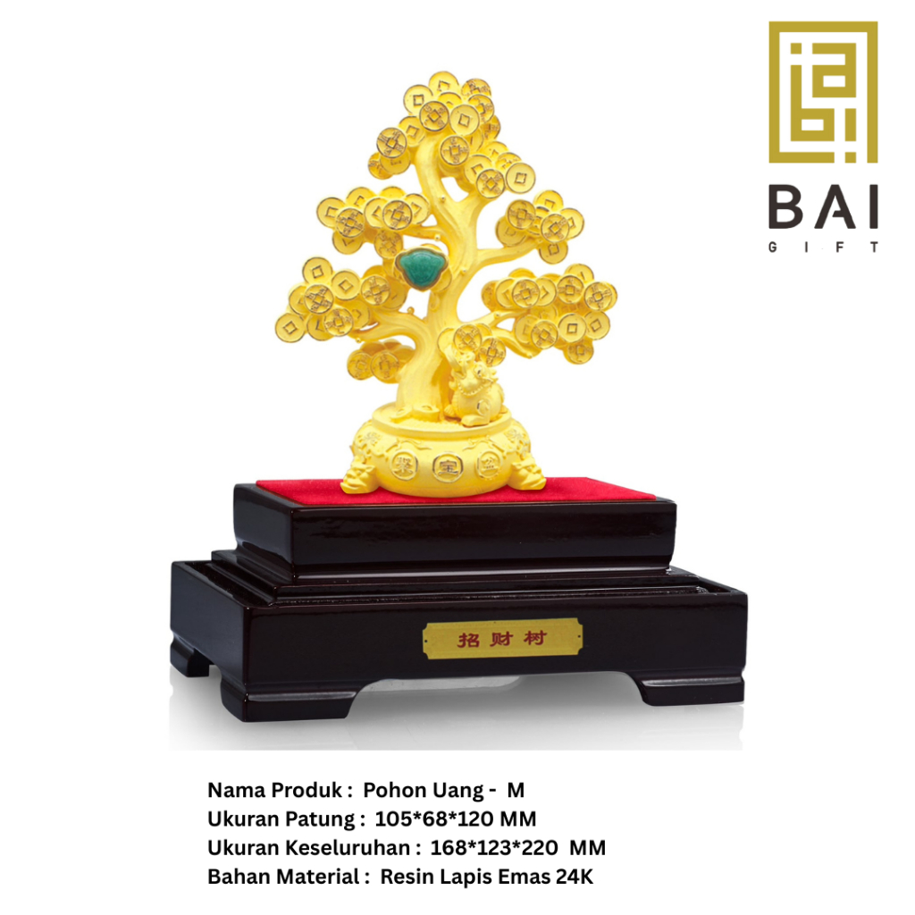 BAI GIFT PAJANGAN POHON KOIN UANG LAPIS EMAS 24K MINIATUR POHON KOIN UANG EMAS - SIZE M 160*100*207 