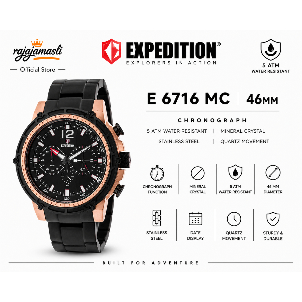 Expedition Chronograph E 6716 MC Jam Tangan Pria Black Dial Stainless Steel Strap 46mm 5ATM Tahan Ai