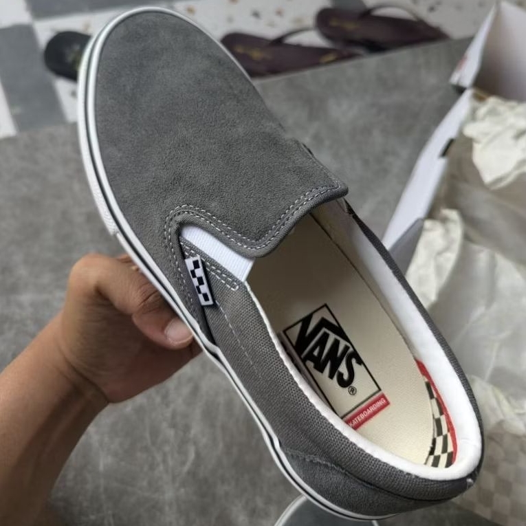 VANS SLIP ON SKATE PRO PEWTER WHITE RESMI NAVYA