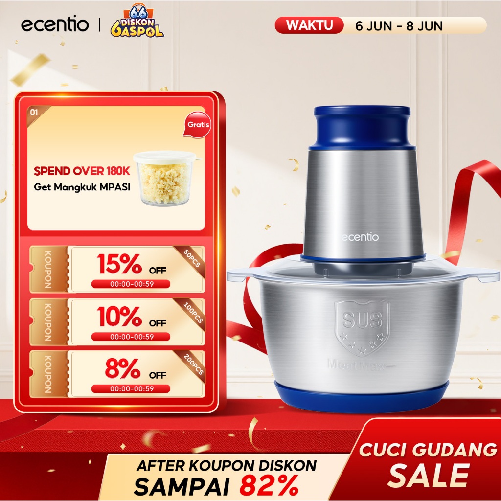 ecentio food chopper stainless coper daging dan bumbu 2L food processor 6 Mata Pisau blender 250W pe