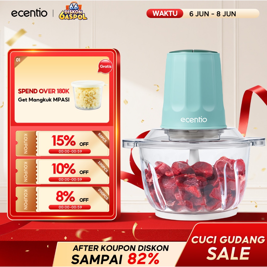 ecentio 3 IN 1 Food Chopper 6 Mata Pisau 2L Kaca Penggiling Daging Processor 350W Food Grade Mesin G