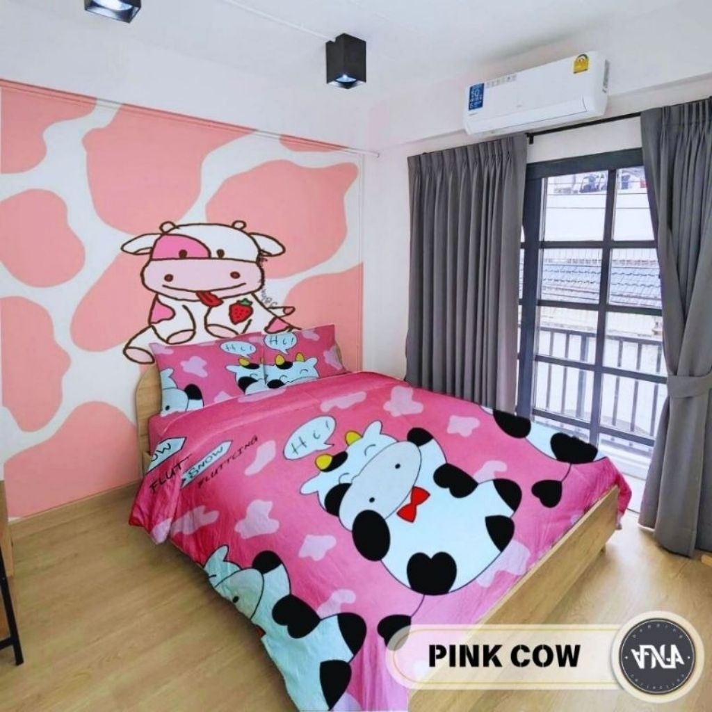 SPREI KARET KATUN PREMIUM 90/100/120/140/160/180/200 motif Sapi cow pink