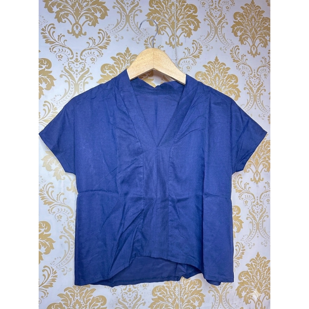 Blouse V-Neck Wanita Lengan Pendek Loose Fit / Atasan Baju Kasual Santai Adem Biru Elektrik Minimali