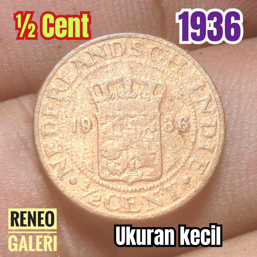 Koin kecil ½ Cent tahun 1936 asli korosi Netherlandsch indie 1/2 sen 0,5 setengah uang kuno zaman Hi