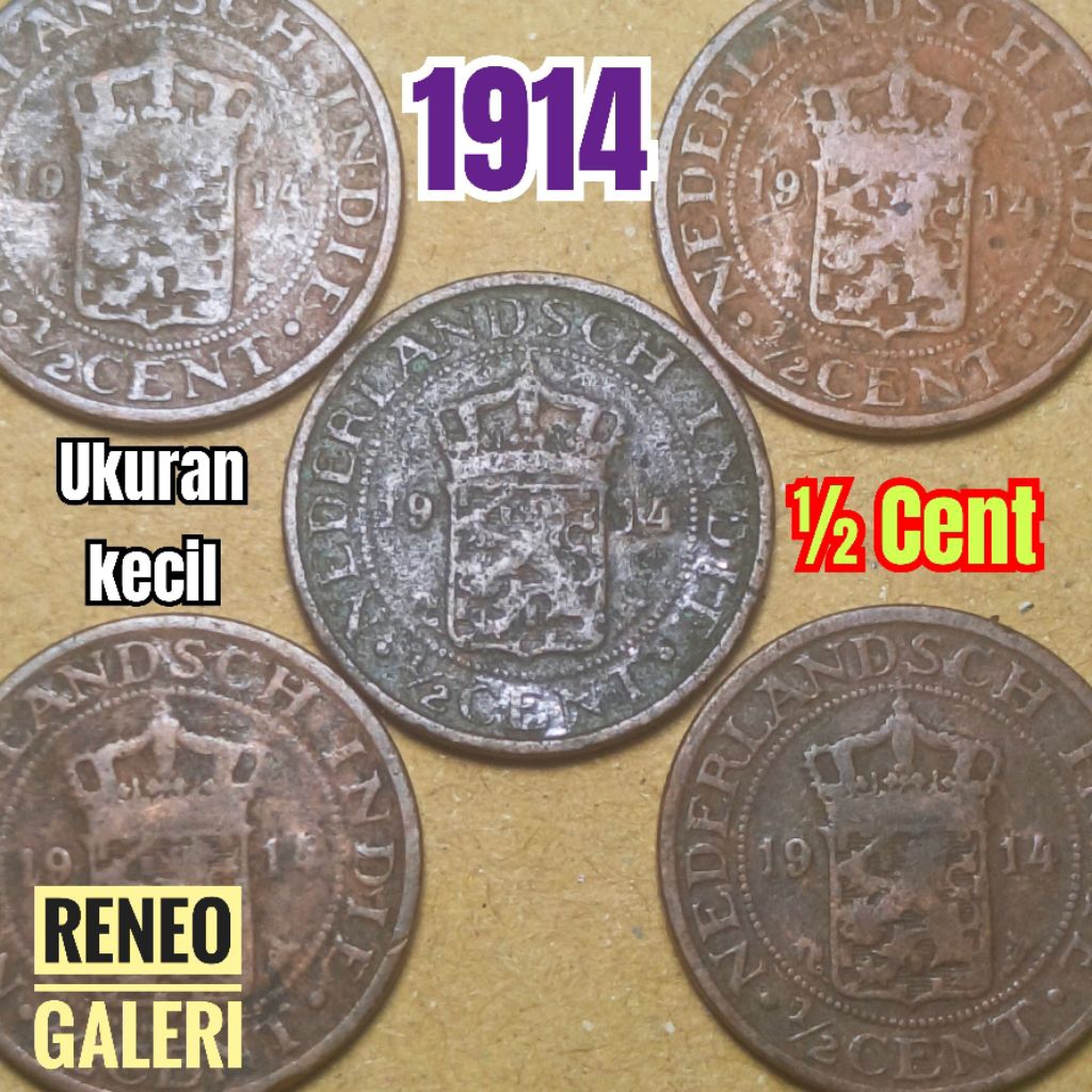 Koin kecil ½ cent tahun 1914 asli Nederlandsch Indie 1/2 0,5 sen setengah uang kuno zaman Hindia Bel