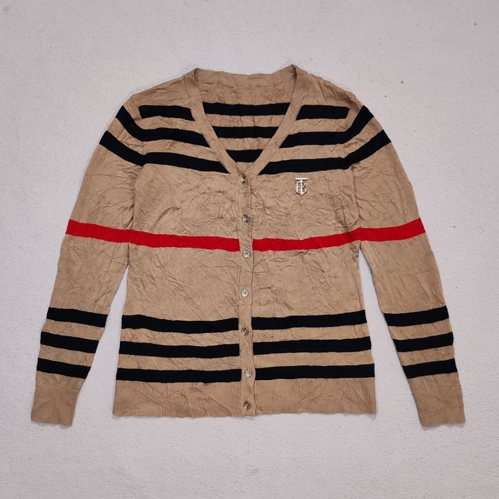 Burberry Nova V Neck Cardigan Striped Pin Logo Sweater