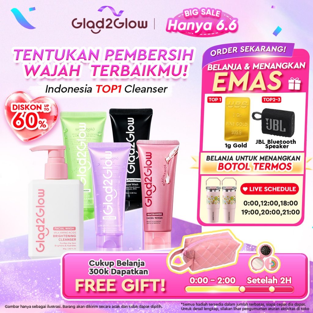 Glad2Glow Facial Wash All Series-Pembersih low pH lembut/niacinamide/brightening/ACNE/eksfoliasi/asa