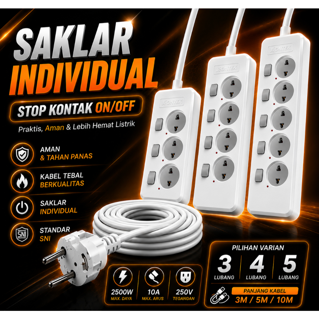 Stop Kontak Saklar Individual SNI 3 Lubang 4 Lubang 5 Lubang Kabel 3M 5M 10M Anti Panas