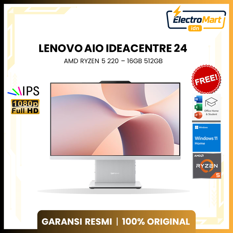 LENOVO AIO IDEACENTRE 24 RYZEN 5 220 RAM 16GB 512GB WINDOWS 11+OHS LAYAR 23.8 INCH FHD IPS
