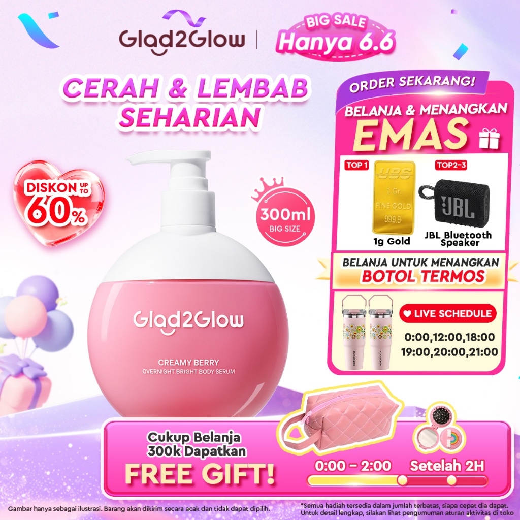Glad2Glow Creamy Berry Overnight Bright Body Serum 300ml body lotion handbody aha whitening body ser