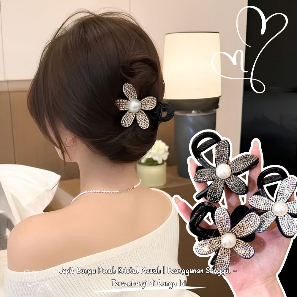 Klip Aksesoris Rambut Wanita Premium Desain Bunga Berlian Dua Pilihan Warna Hitam & Perak Elegan Ses