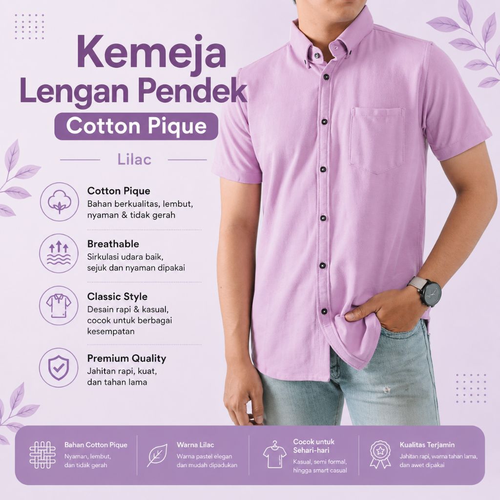 SEROTONIN ID | LILAC - Kemeja Lengan Pendek Pria Dewasa | Kemeja Pria Dewasa Cotton Pique | Kemeja P