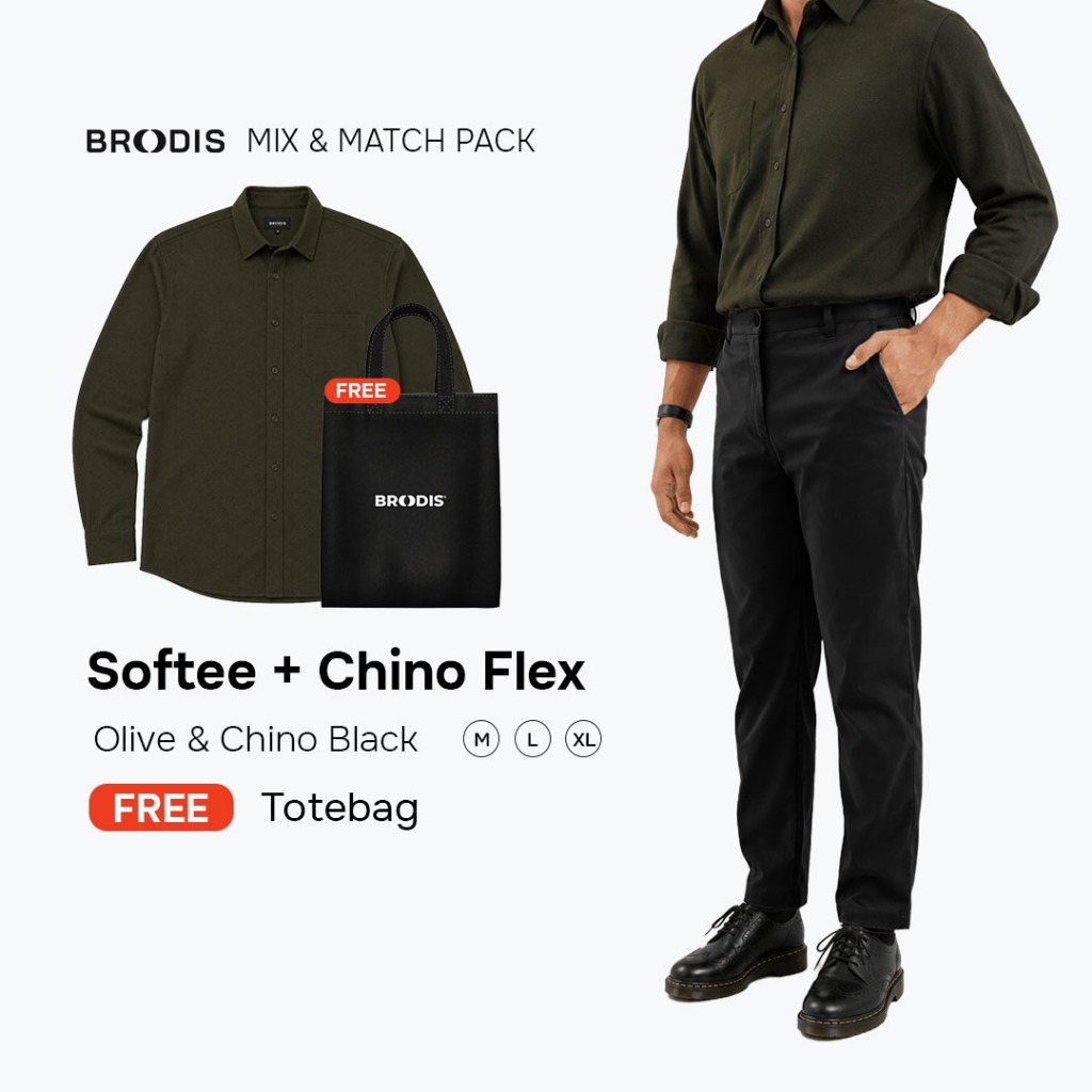 Broodis WFC Bundle | Chino Flex + Kemeja Softee Outfit Kerja Kasual 2 Artikel FREE Goodie Bag | Oliv