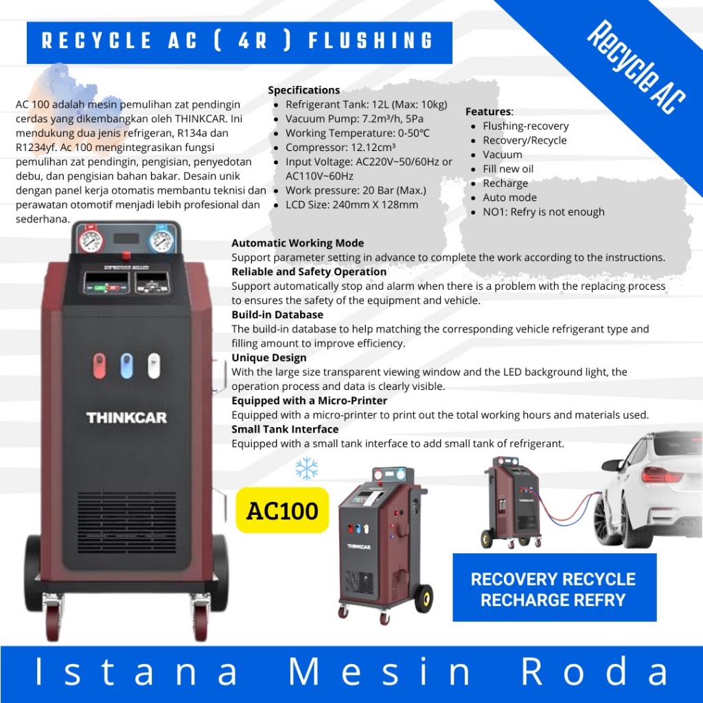 AC recycle Refrigent Vacum otomatis Printing out Result ThinkCar AC100 bisa untuk mobi l Petrol dan 