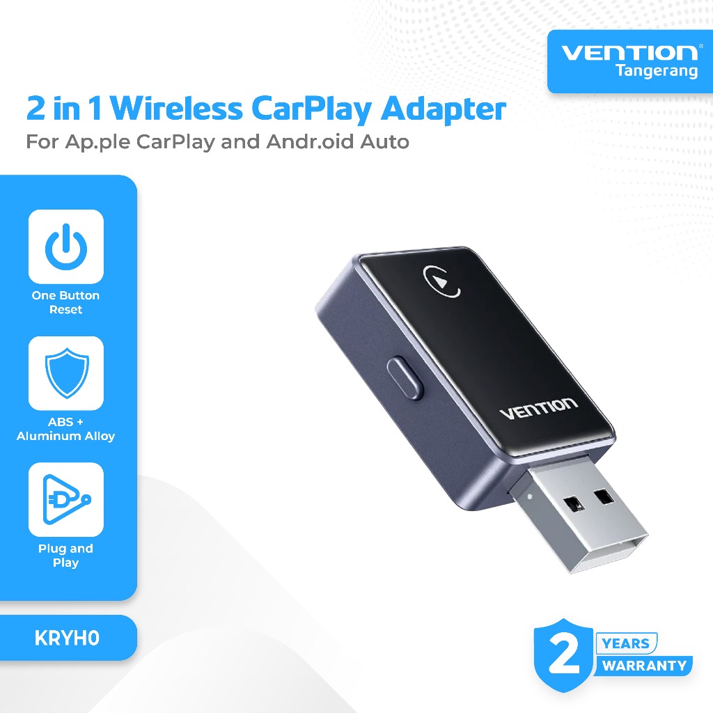Vention Wireless Adapter 2 in 1 CarPlay and Android Auto Box Gray Dual Cable Included - KRYH0