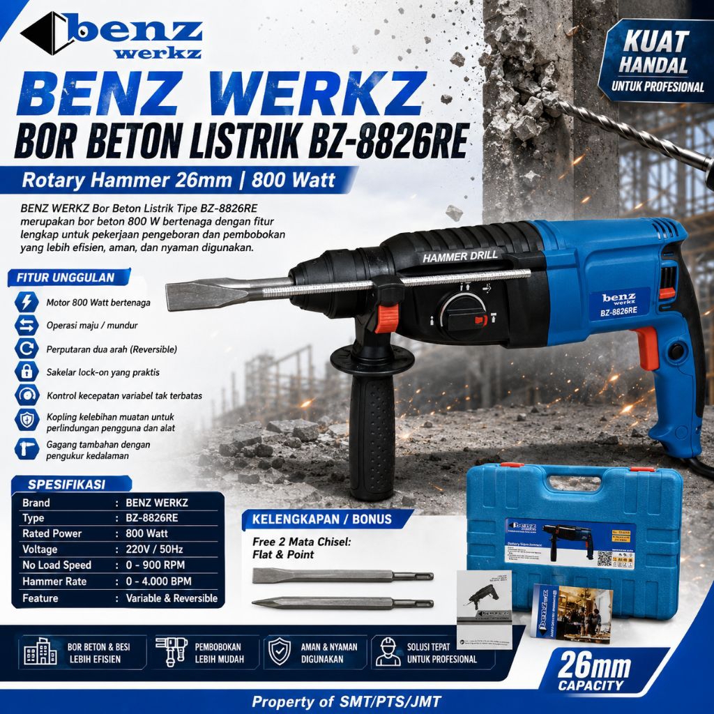 BENZ BZ8826RE MESIN BOR BOBOK BETON ROTARY HAMMER 3 MODE SDS PLUS 26MM