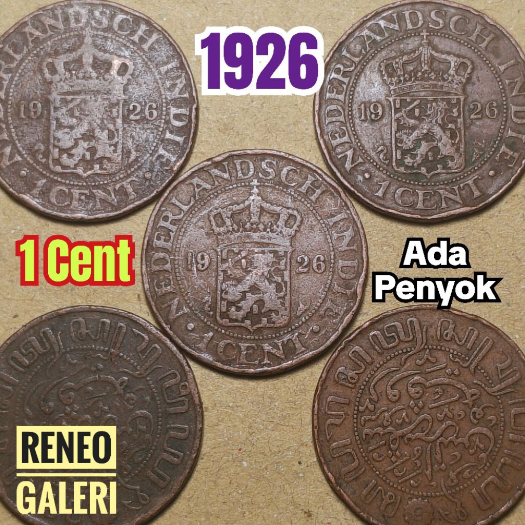 Koin penyok 1 Cent tahun 1926 asli korosi Nederlandsch indie uang kuno zaman Hindia Belanda duit log