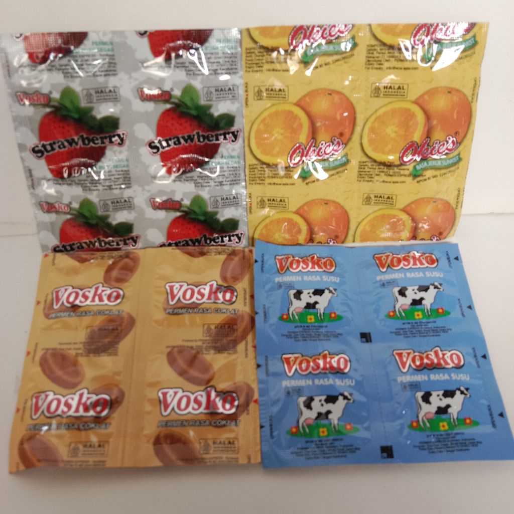 1 LEMBAR (ISI 4PCS) PERMEN VOSKO JADUL / PERMEN JADOEL / PERMEN VOSCO SUSU, JERUK, STRAWBERY, COKLAT