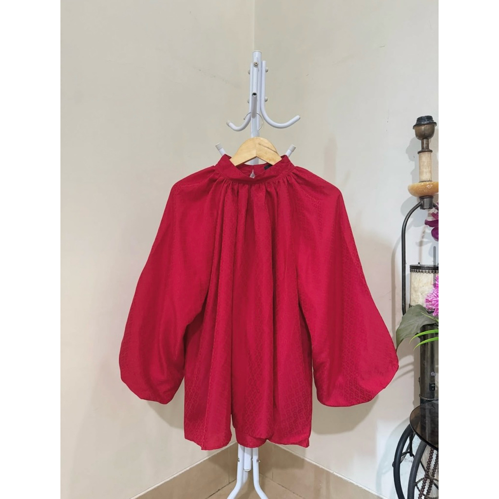 [PRELOVED] Buttonscarves Monogram Embossed Puff Blouse - Red (Size S)