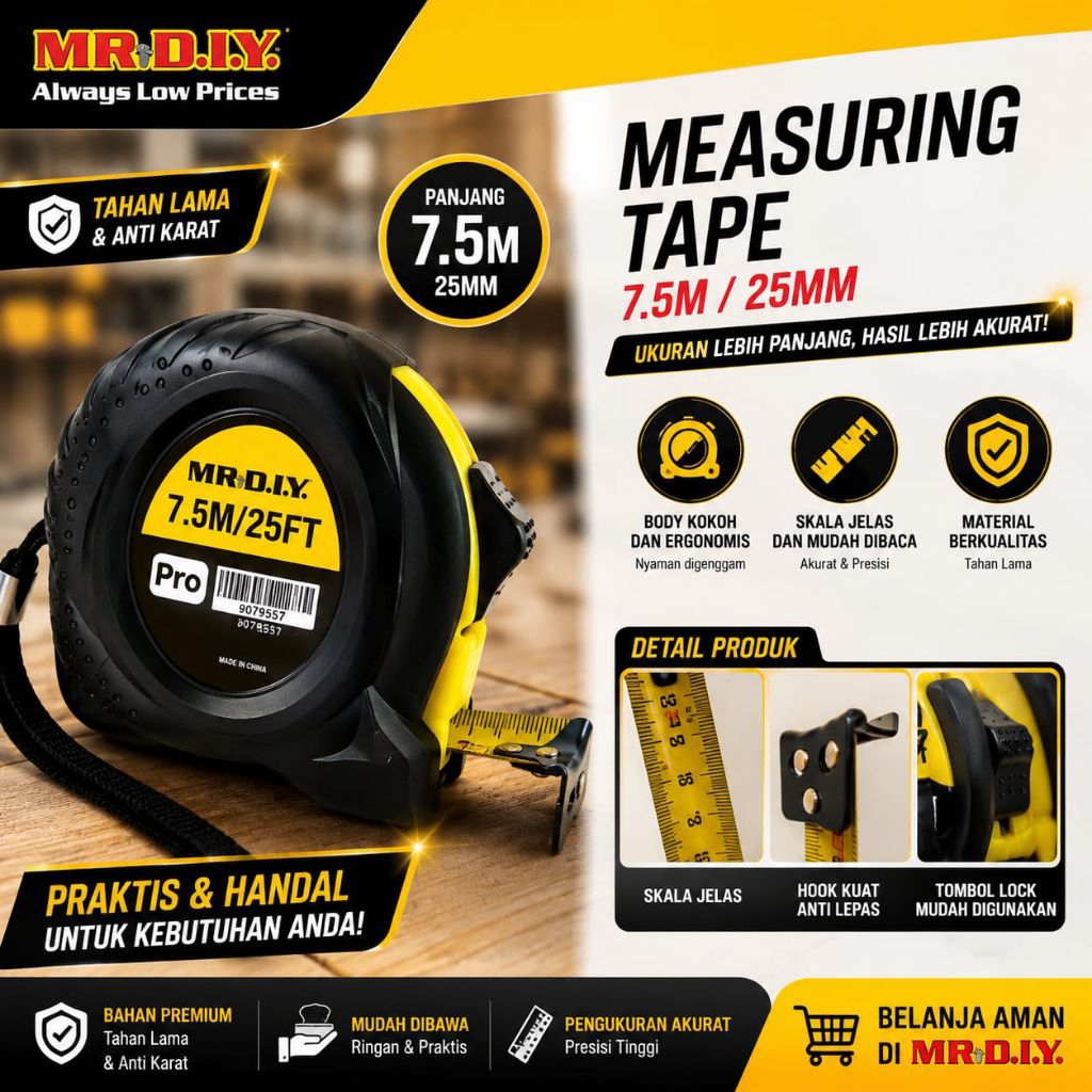 Meteran Karet MR DIY Auto Lock 7.5 Meter  - Praktis, Tahan Lama, Mudah Digunakan