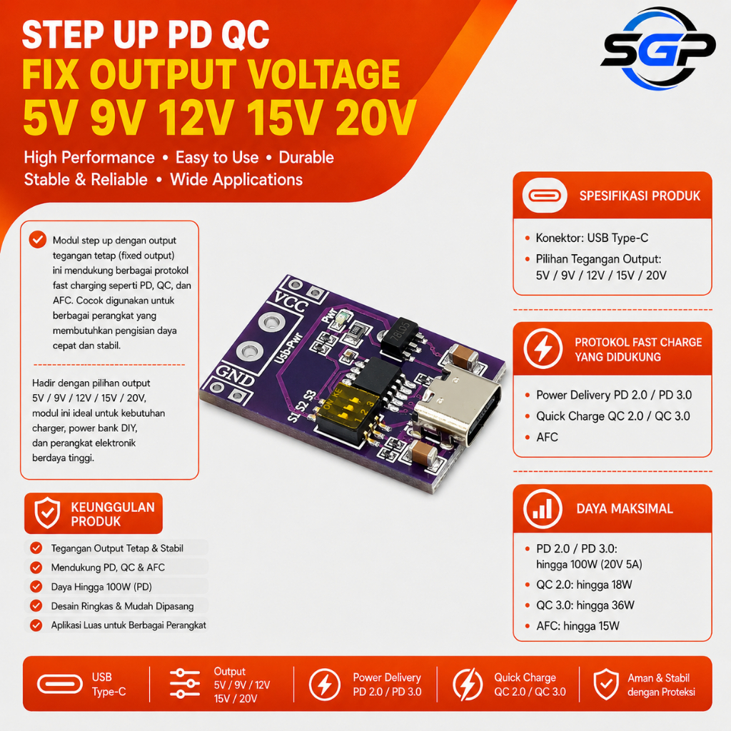 Module Step Up PD QC Fix Output Voltage 5V 9V 12V 15V 20V Modul Step Up PD QC Fix Output Step Up PD 