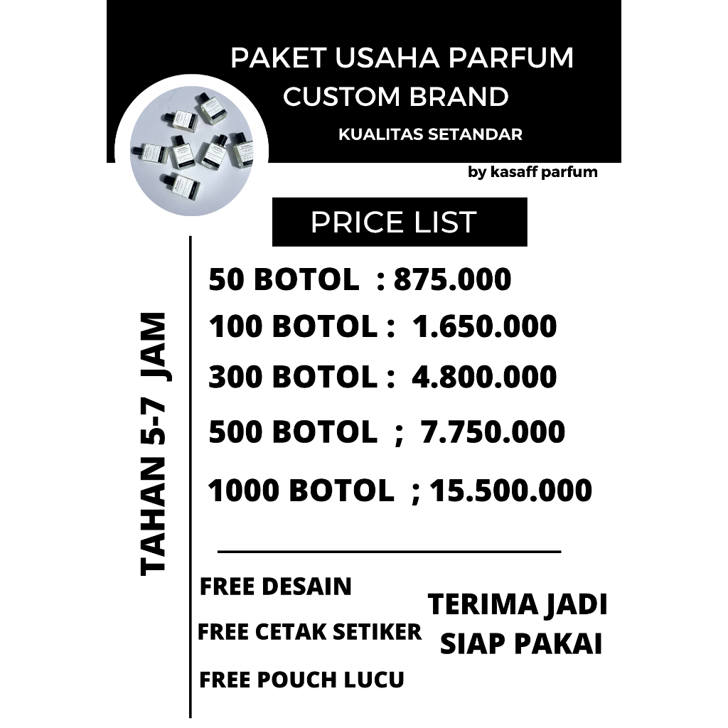 50 BTL PAKET USAHA PARFUM PREMIUM PRIA & WANITA ( BISA CUSTOM BRAND MERK SENDIRI ) SIZE +30 Ml
