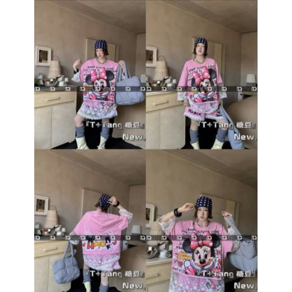 KAOS T+TANG IMPORT MINNIE RENDA / KAOS OVERSIZE / KAOS MIX BROKAT / KAOS LUCU