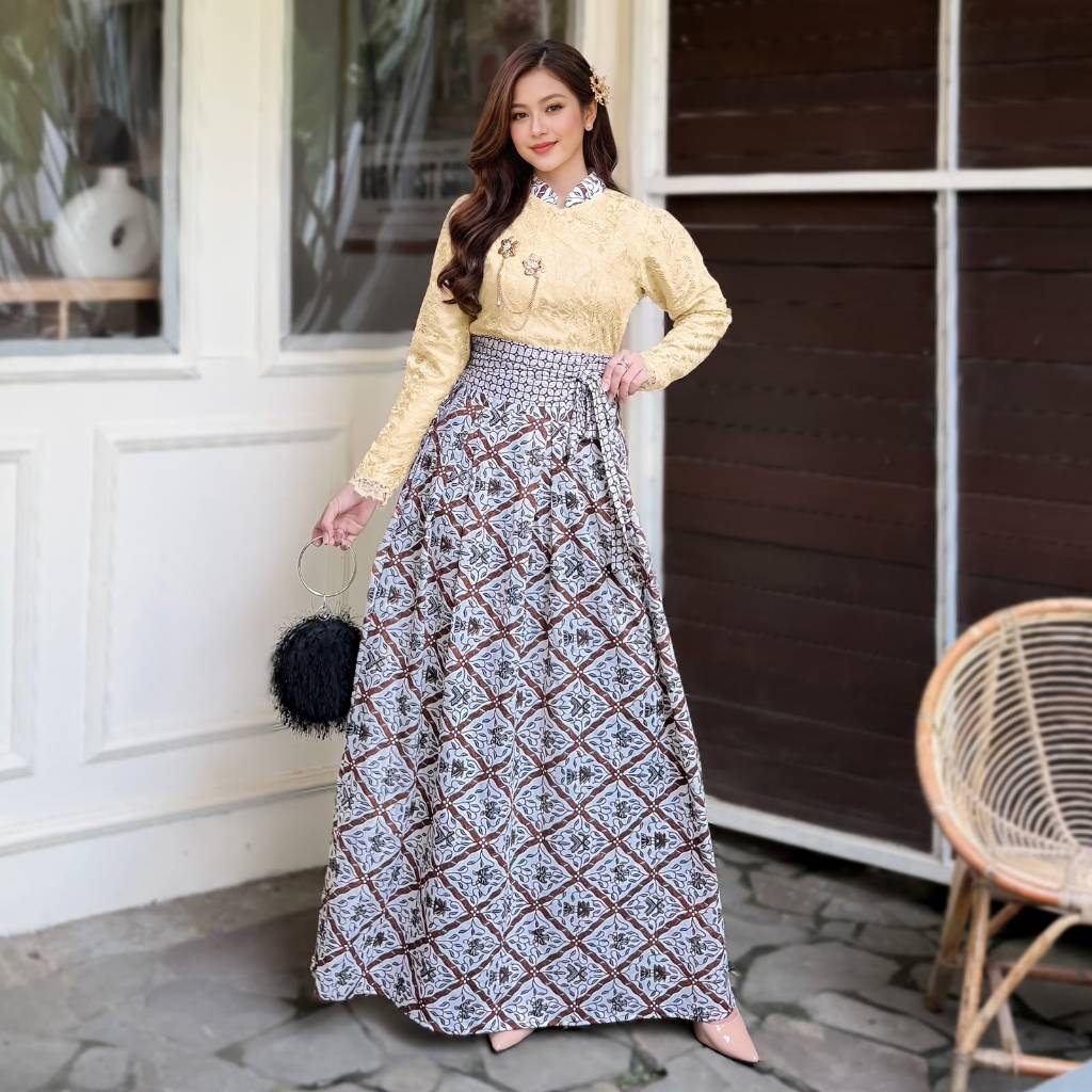 Dress Pesta Janggan Brokat Kombinasi Batik Zahira Mode Wisuda Bridesmaid Free Bros Mewah Logam