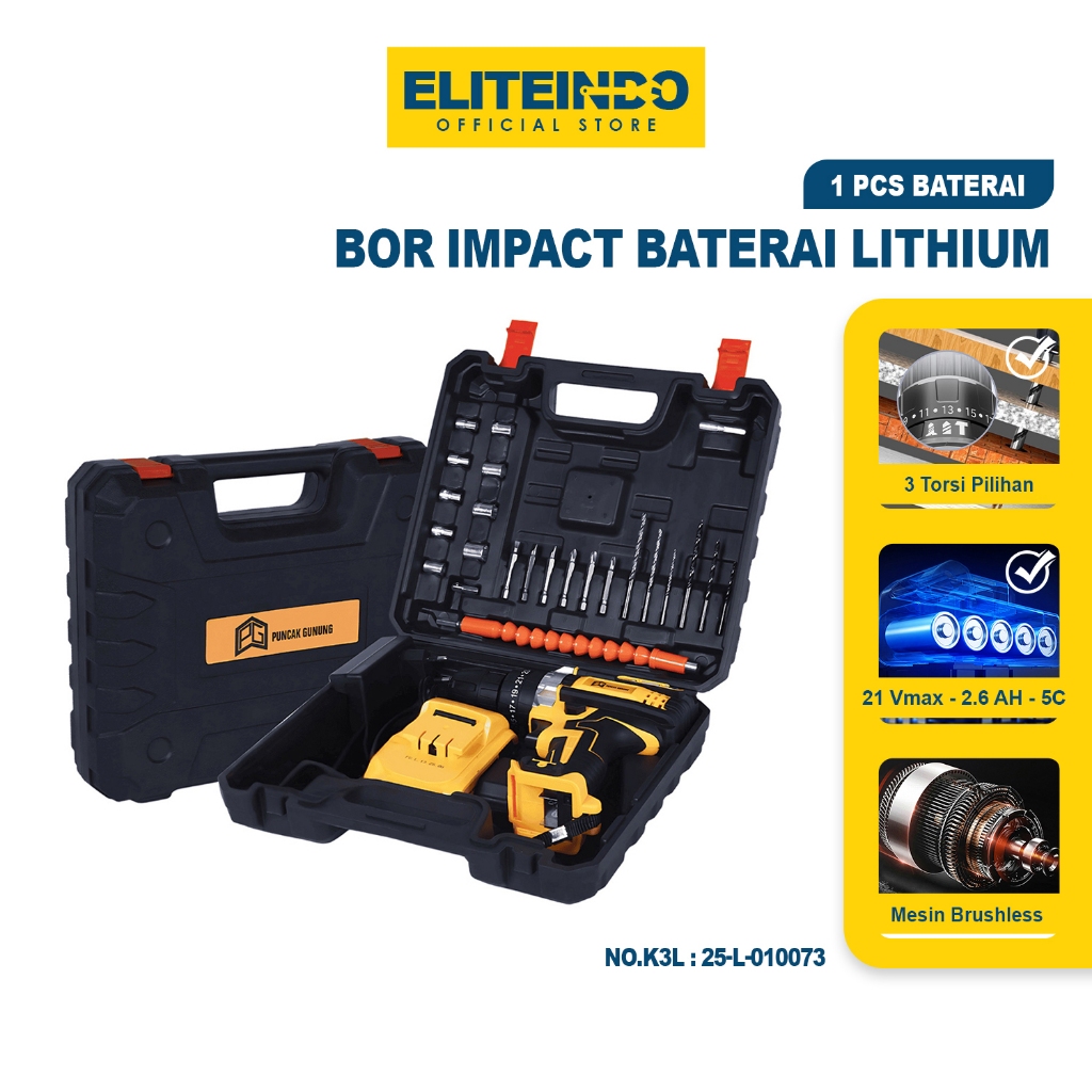 ELITE Mesin Bor Baterai Tanpa Kabel Cordless Drill 1 Battery Impact Fullset Alat Cas Listrik - G11A1