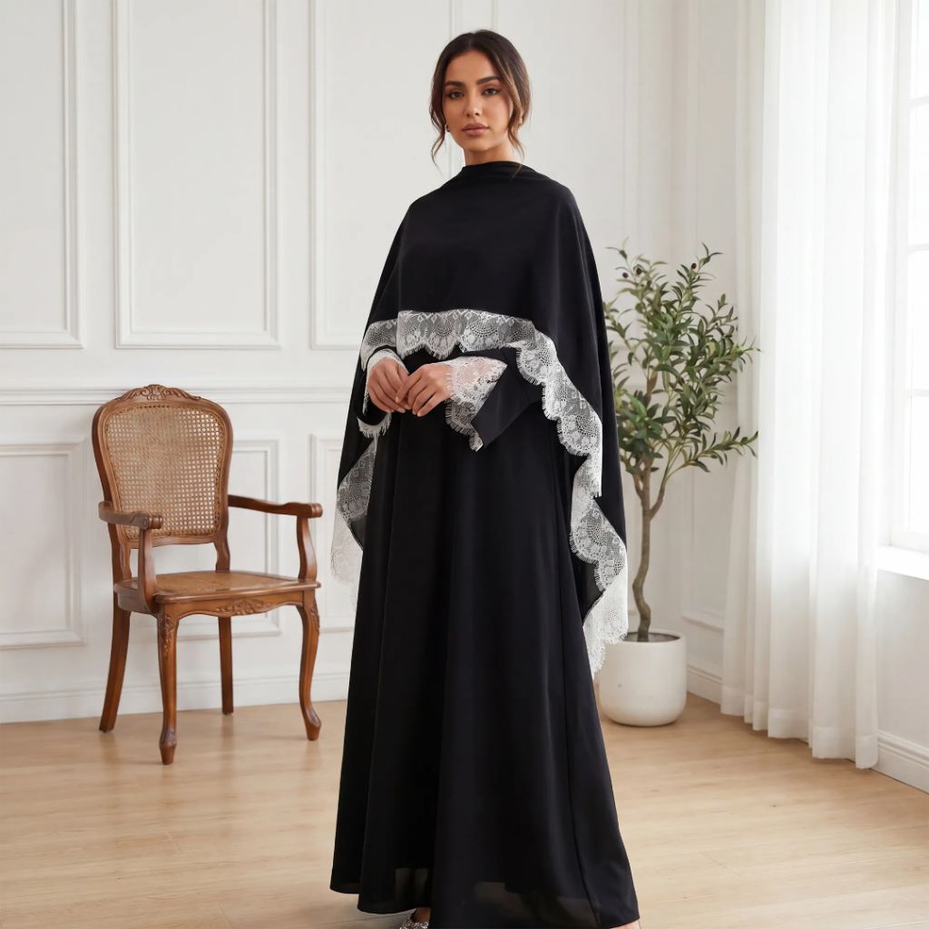 Abaya Renda Dubai Set 2 potong dengan Pashmina