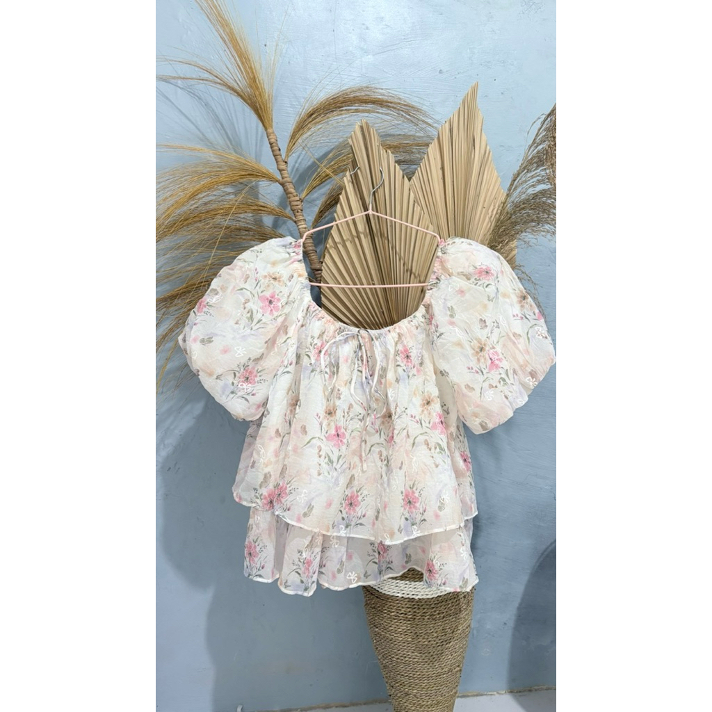 puffy top | milkmaid top floral organza ruffle umpak lengan ballon bunga pink {+admin}