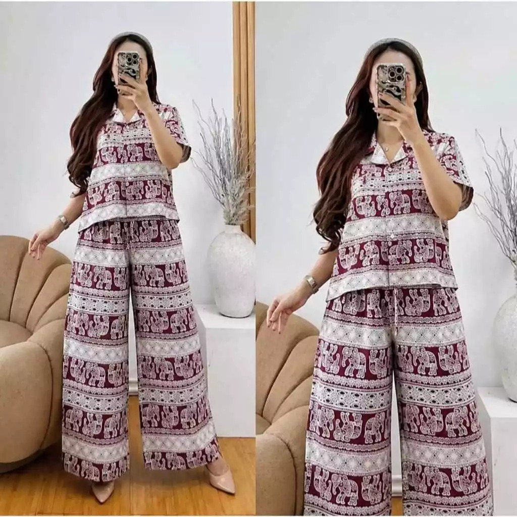 TERLARIS Setelan Crop Motif Gajah One / Set Crop Wanita Kekinian / One Set Crop Celana Kulot Jumbo