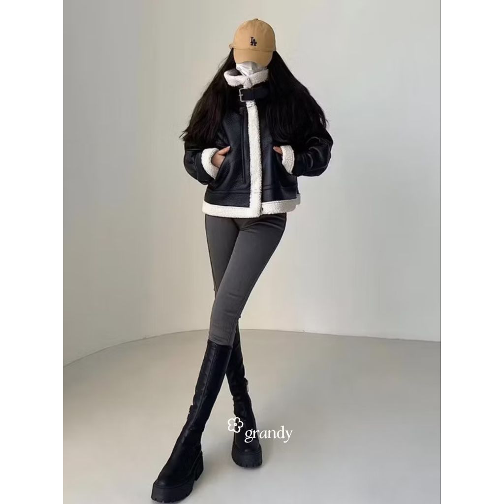 LEATHER FUR GRANDY Leather jaket winter Preloved