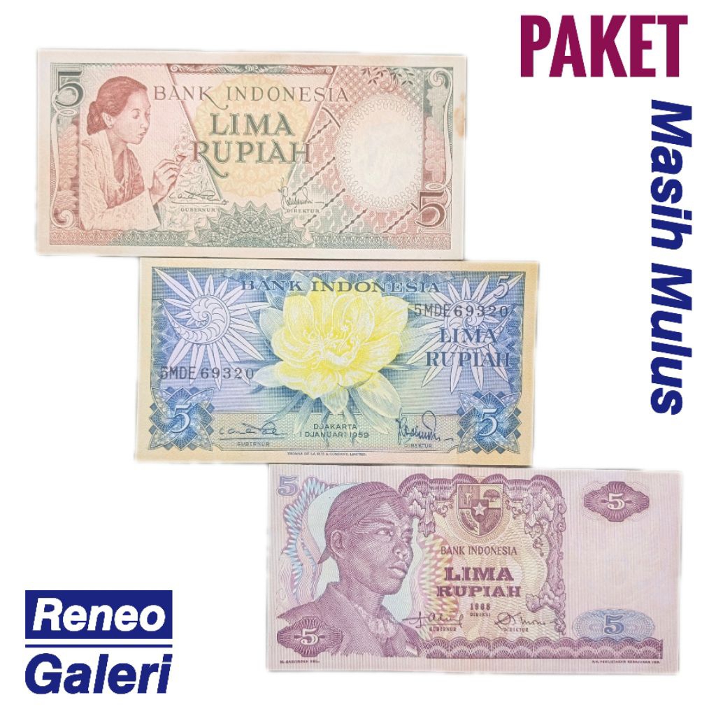 Paket 3 generasi berbeda Uang Kuno 5 rupiah Mulus asli set duit kertas lama jaman dulu Indonesia ori