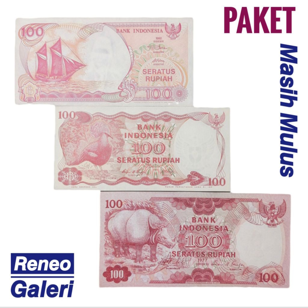 Paket 3 generasi uang kuno 100 Rupiah mulus asli set duit lama kertas jaman dulu Indonesia original 