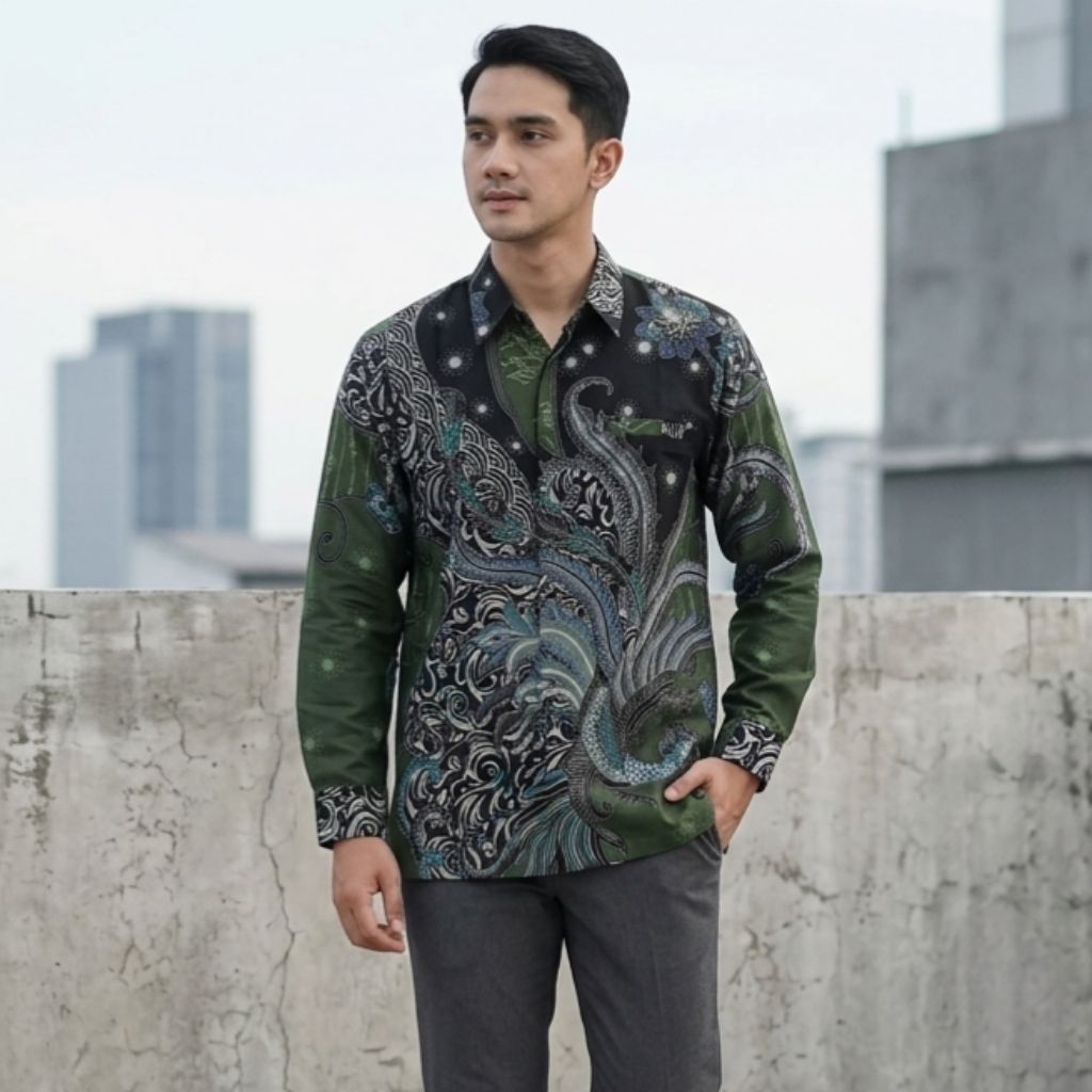 Batik Pria Lengan Panjang Modern Hijau Army Cutting Reguler Bahan Katun – Seragam Batik Pria Kantor 