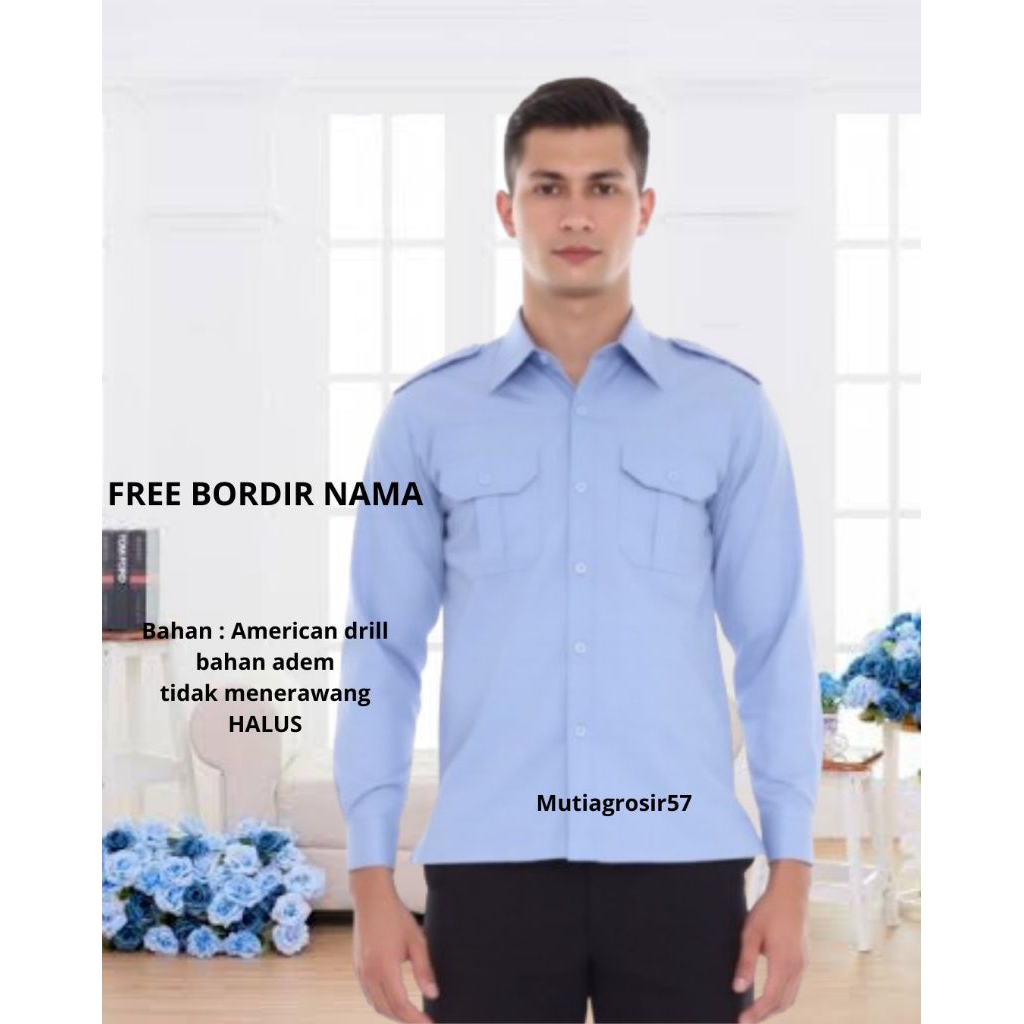 Baju pdh pria biru muda mbg bgn lengan panjang gratis bordir nama