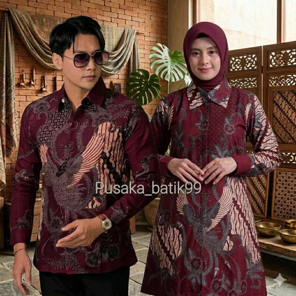 Couple Batik Kemeja Tunik Dewasa Soang Burgundy