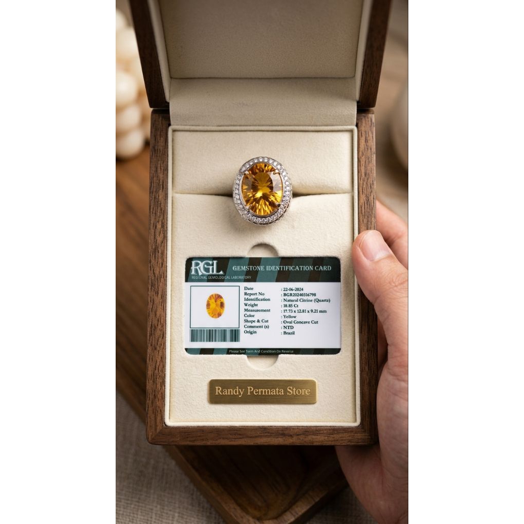 CINCIN PERMATA YAKUT YELLOW CITRINE QUARTZ OVAL CONCAVE PLUS MEMO LAB