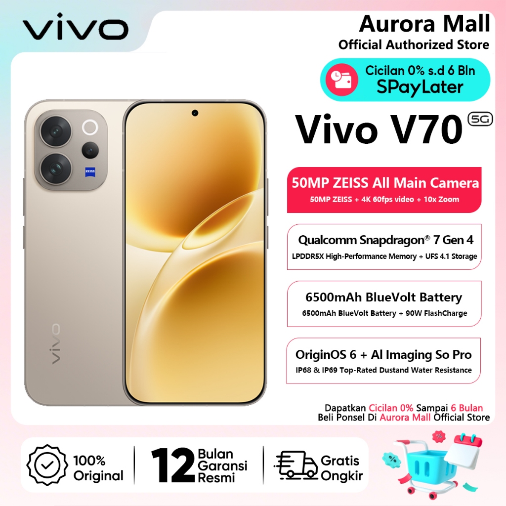 Vivo V70 5G 12/256GB (12GB+12GB Extended RAM) Garansi Resmi Hp Android Handphone COD Terbaru 2026