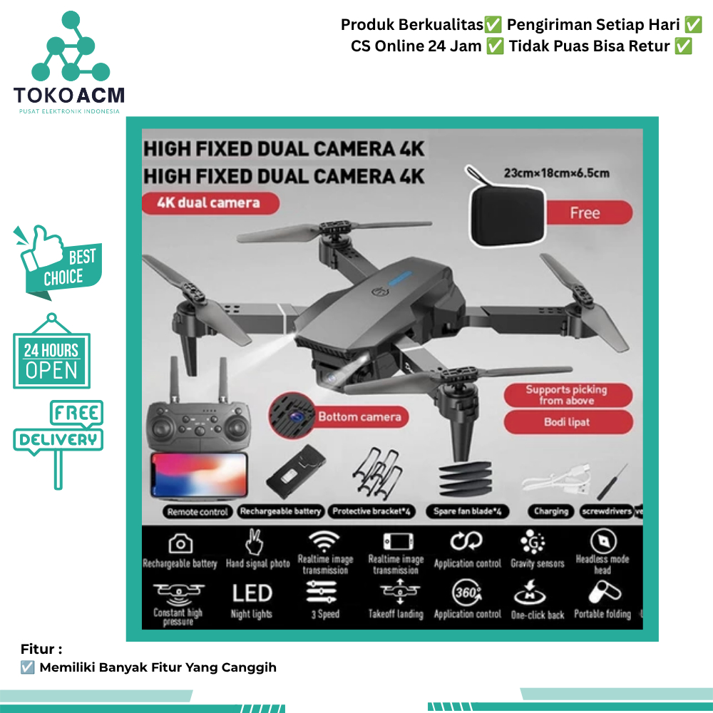 SMART DRONE E88 PRO 4K Kamera Lipat Dual Camera Chargeable Proshoot Cam Wifi FPV Indoor Outdoor
