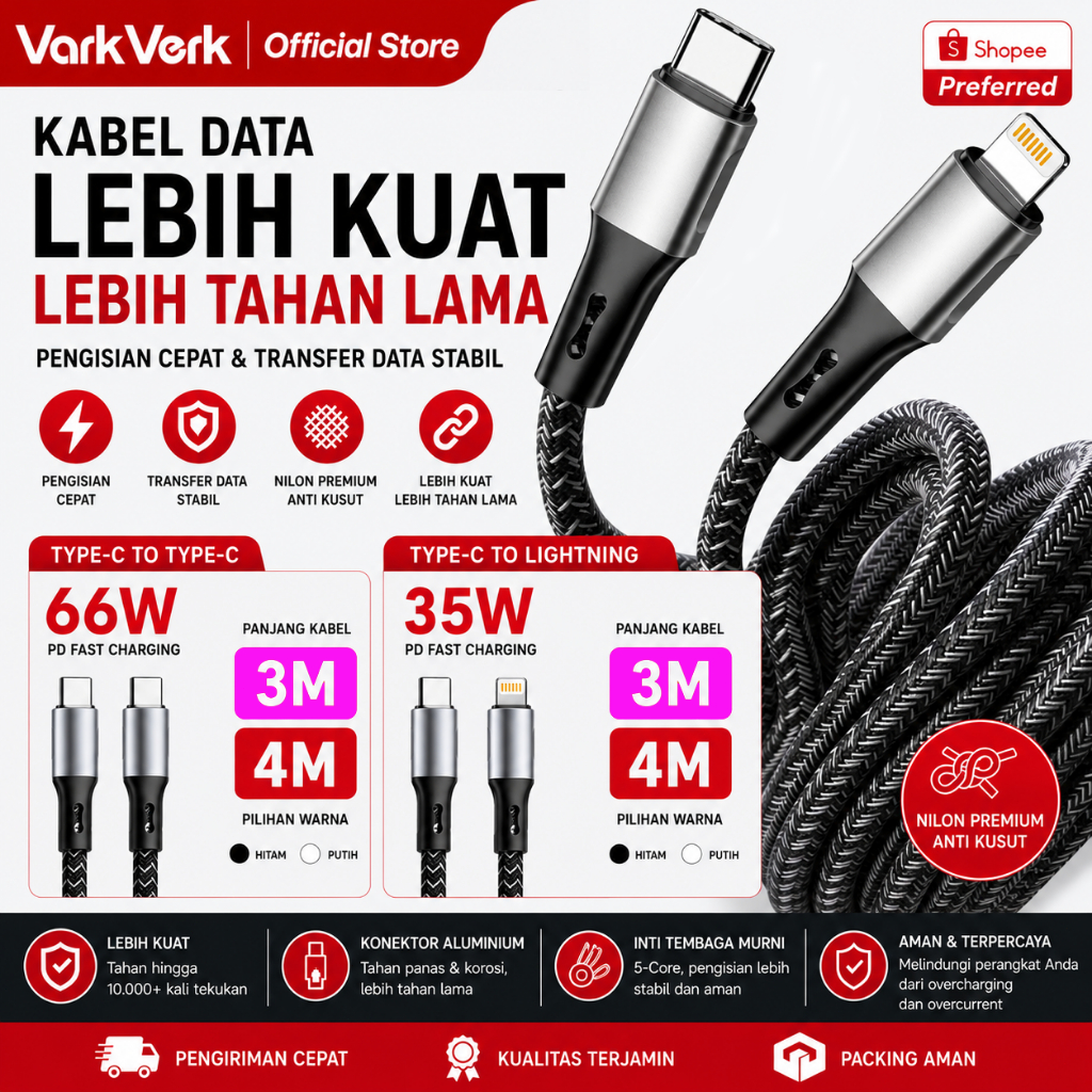 VarkVerk C03 Versi panjang kabel data jalinan paduan aluminium 3m 4m meter, TYPE C ke TYPE C, TYPE C