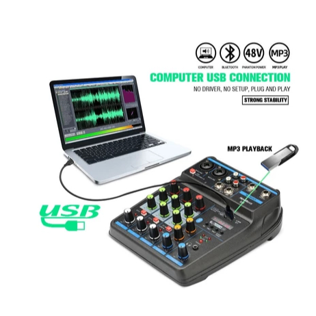 Mixer mini Professional 4 channel equalizer Support Bluetooth/USB/PC/MP3 playback Support for in-veh