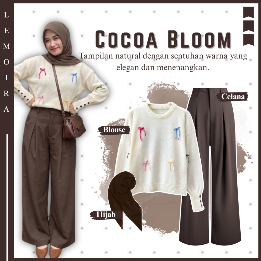 Setelan Remaja Brown Aesthetic | Blouse Pita - Celana Knit - Hijab | OOTD Hangout Kekinian |LM117