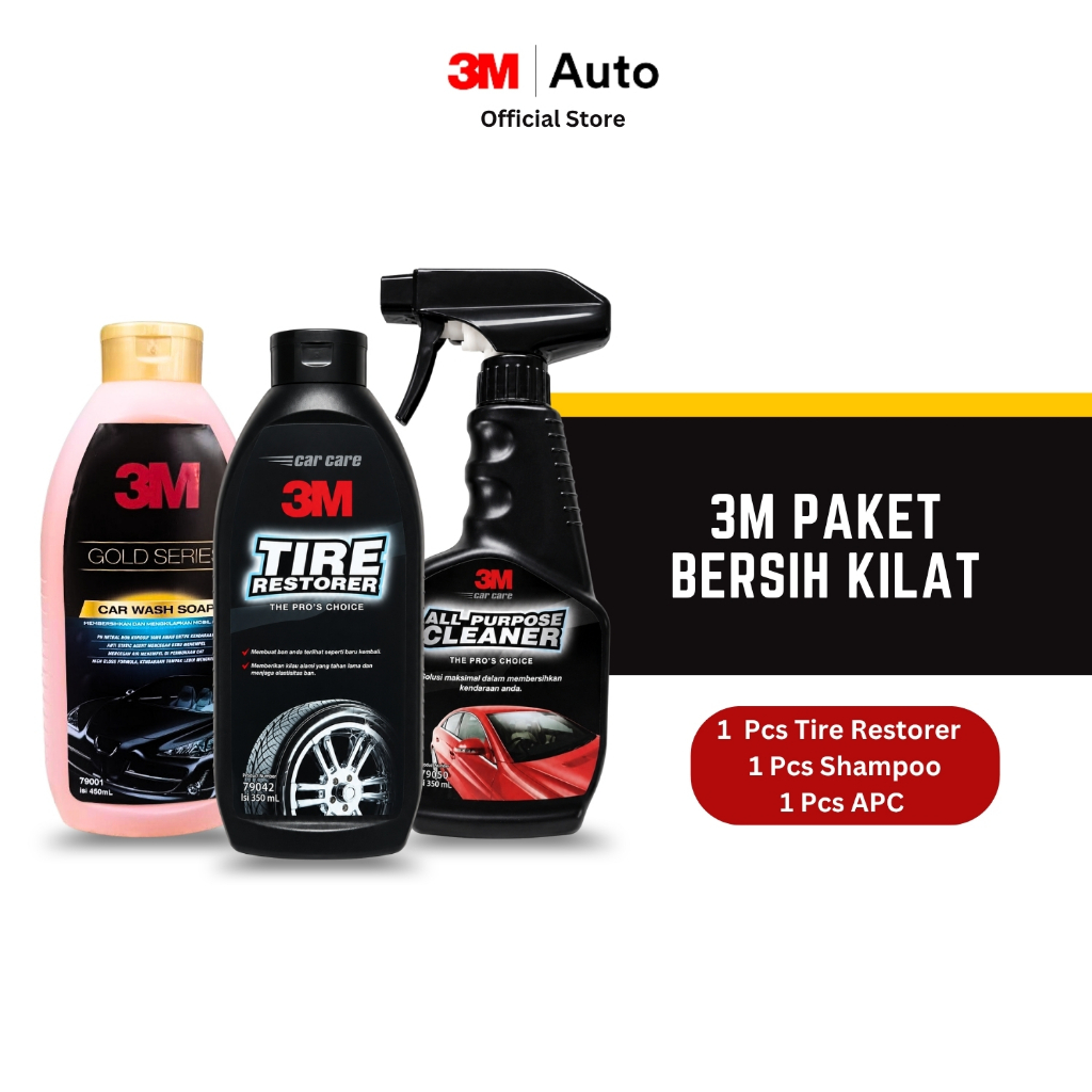 3M Auto Paket Bersih Kilat - Car Wash Gold, All Purpose, Tire Restorer - Sabun Cuci Mobil Semir Ban 