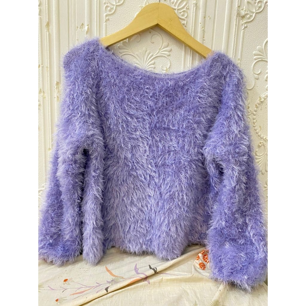 Rajut bulu fuzzy gembul tebal premium Lilac lengan semi balon Sweater kardigan knitwear rajut bulu k
