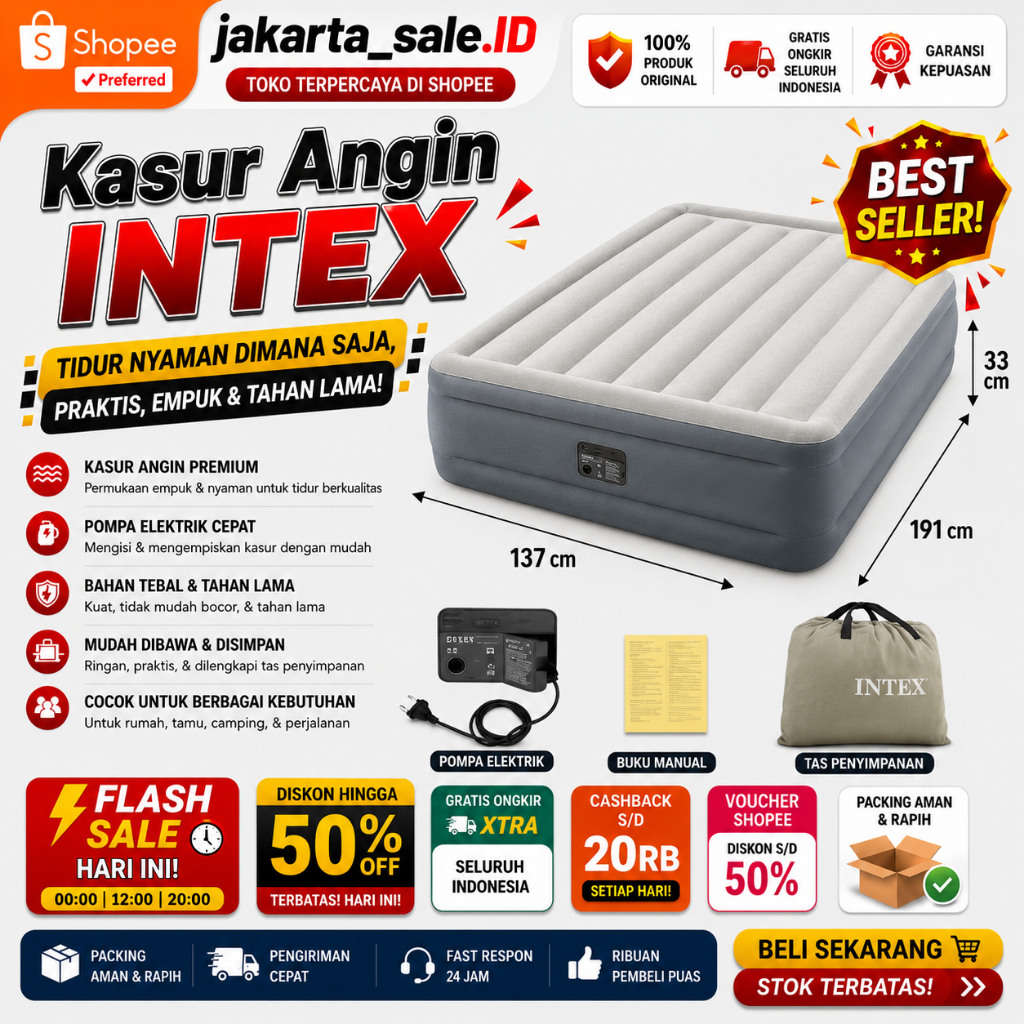 INTEX Kasur Angin DOUBLE FULL Comfort Rise 67768 137cm x 191cm x 33cm Intex